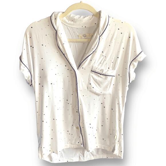 UGG Aimee Star Print Pajama Shirt White Blue Short Sleeve Button Front Jersey XS - Picture 2 of 11